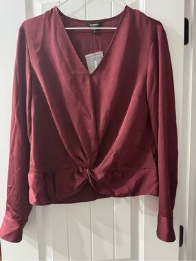 EXPRESS - Wine Twist-Front V-Neck Long Sleeve Blouse.
